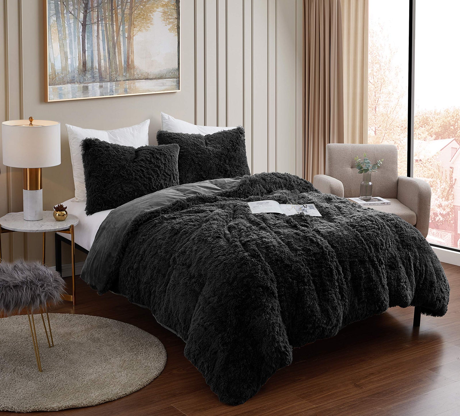 Plush Shaggy Comforter Set Ultra Soft Luxurious Faux Fur Decorative Fluffy Crystal Velvet Bedding with 2 Shams, King, Black