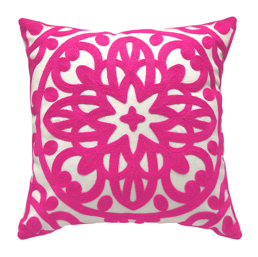 Alysheer Embroidered Decorative Throw Pillow Cover 18x18 inches, Classic Boho Mandala Knit Pattern, Farmhouse Cottage Cotton Canvas Cushion Case for Sofa Couch Bed Living Room Decor(Bright Hot Pink)