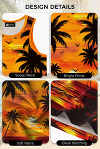 VOGSTART Mens Palm Tree Top Sunset Slim Fit Tank Printed Muscle Vacation Sleeveless Summer Surfing Shirt Orange XL