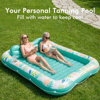 Inflatable Tanning Pool Lounger Float, Stonful 87" x 63" Pool Floats Adult with Pillow & Cup Holder, 4 in 1 Water Filled Inflatable Sun Tan Tub Tanning Bed for Backyard Swimming Pool Beach (Green-XL)