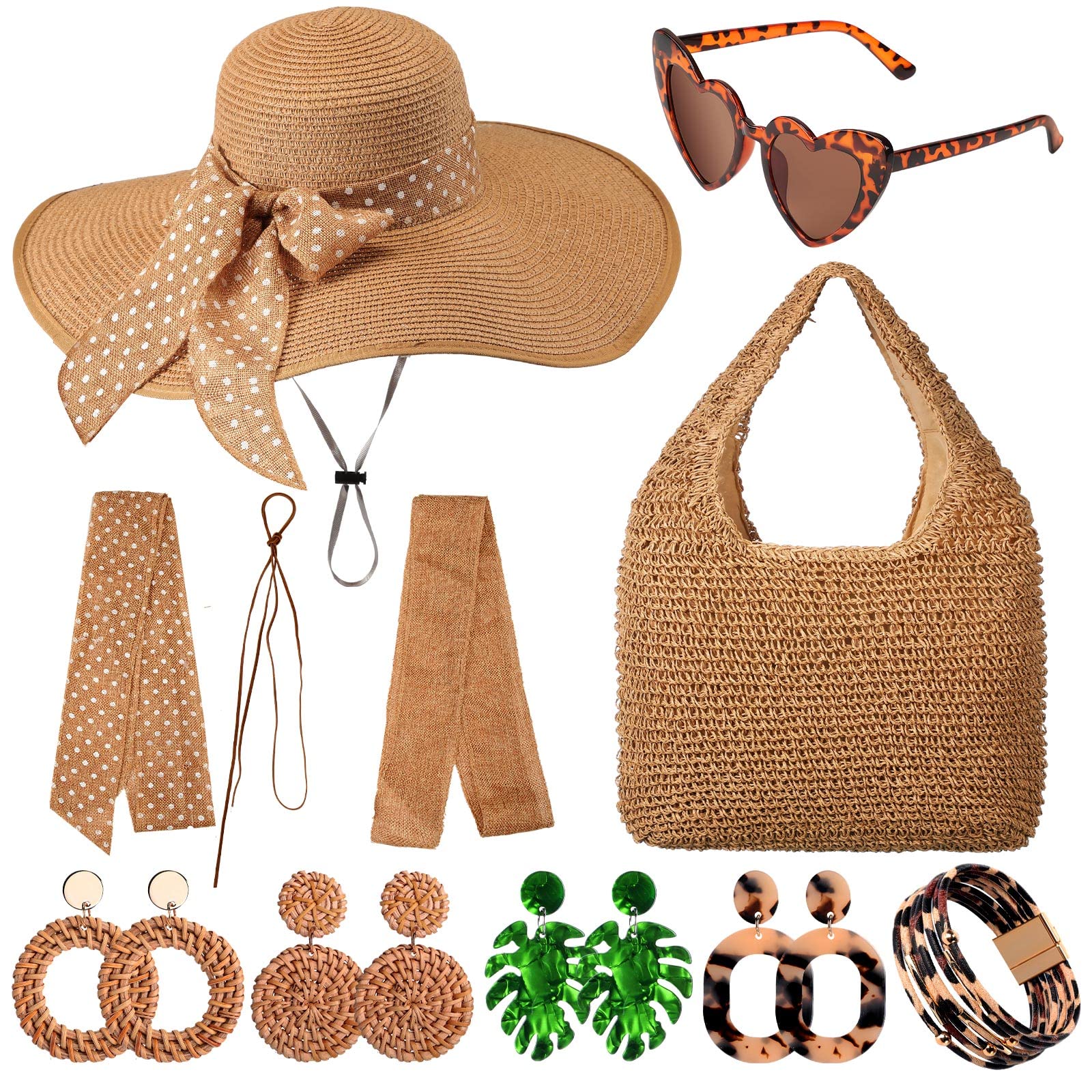 Yahenda 15 Pcs Women Beach Hat and Bag Set with Straw Bag Sunglasses, Boho Earrings Bracelet, Holiday Beach Accessories Outfit Set for Women