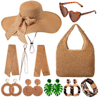 Yahenda 15 Pcs Women Beach Hat and Bag Set with Straw Bag Sunglasses, Boho Earrings Bracelet, Holiday Beach Accessories Outfit Set for Women
