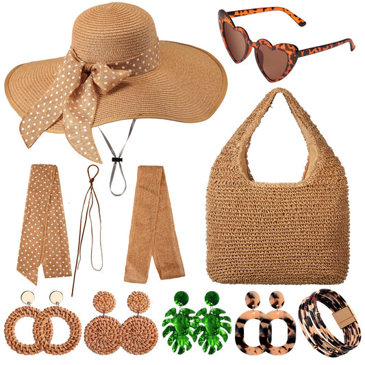 Yahenda 15 Pcs Women Beach Hat and Bag Set with Straw Bag Sunglasses, Boho Earrings Bracelet, Holiday Beach Accessories Outfit Set for Women