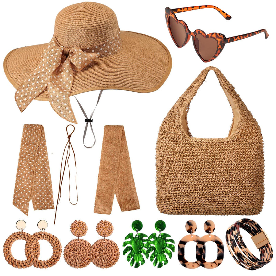 Yahenda 15 Pcs Women Beach Hat and Bag Set with Straw Bag Sunglasses, Boho Earrings Bracelet, Holiday Beach Accessories Outfit Set for Women