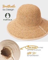 FURTALK Summer Straw Beach Sun Hats for Women Wide Brim Packable Bucket Hat