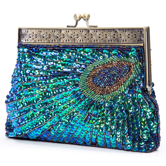 UBORSE Beaded Sequin Peacock Evening Clutch Bags Vintage Evening Bag1920s Party Wedding Purse